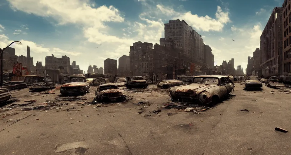 Image similar to wide angle shot of dilapidated zombie - apocalypse new york city in real life, desolate with zombies, dilapidated, zombies on the streets, nightmarish, some rusted style parked vehicles, sunny weather, few clouds, volumetric lighting, photorealistic, daytime, autumn, sharp focus, ultra detailed, cgsociety