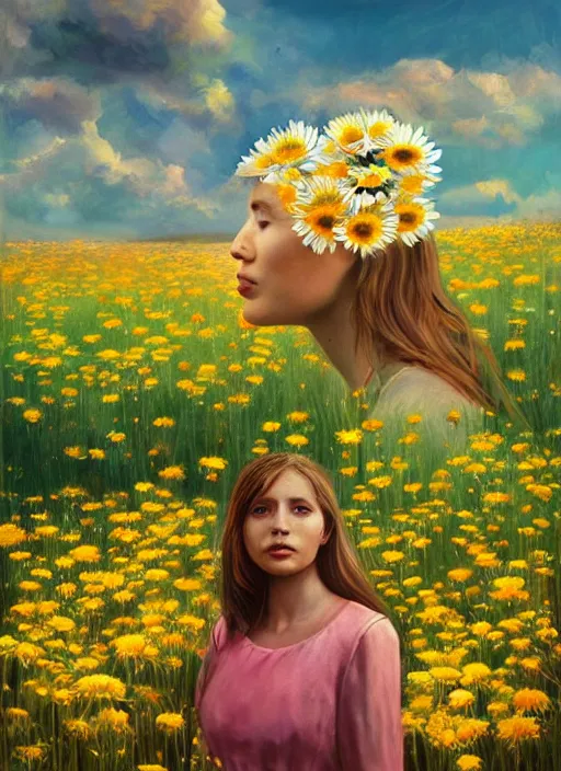 Image similar to portrait of a woman, head made of giant daisies, in a flower field, surreal photography, sunset dramatic light, impressionist painting, colorful clouds, large sky, digital painting, artstation, simon stalenhag