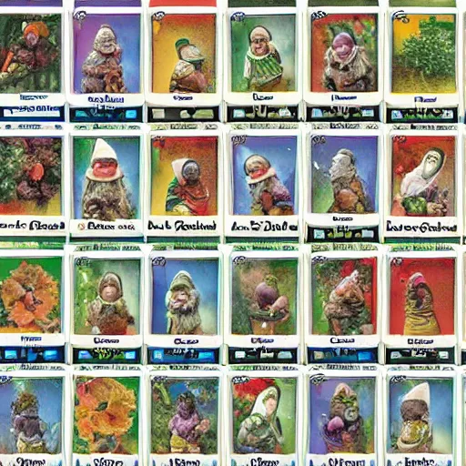 Image similar to garden gnome trading cards. magical attributes, spells, strengths and weakness, points, intricate borders, trading card style