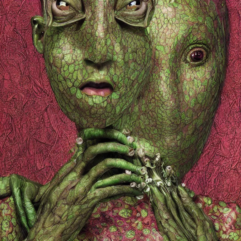 Image similar to a grinning alien girl with reptile skin, plant patterns, her face looks like an orchid, she is the center of the garden, jan van eyck, ernst fuchs, egon schiele, trending on artstation, 8 k, award winning, facial symmetry, iris van herpen