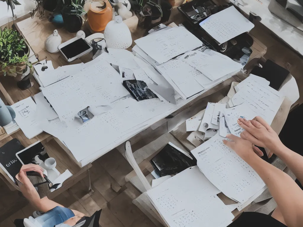 Prompt: depth of field pov candid photo of my hands reading pdfs at my floating futuristic ios hologram desk, stacks and rows of perfectly organized objects and calendar cubbies during sunrise in a cozy dappled open - air design studio, daylight vr os ux, leica 8 k still a 2 4