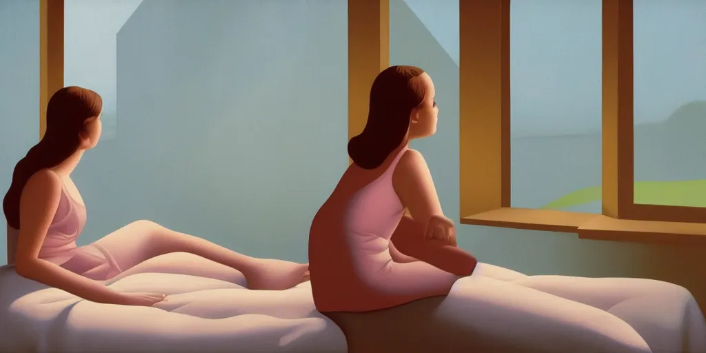 Image similar to sad girl on the bed, looking outside, summer evening, kenton nelson