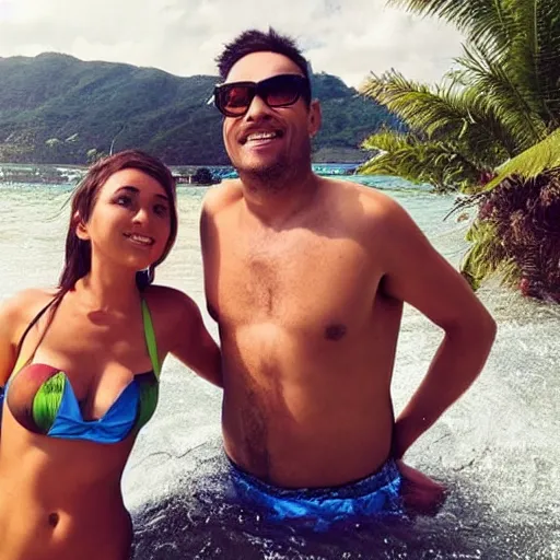 Prompt: photo of a 4 0 year old man that looks young for his age dating a very attractive legal 2 2 year old colombian woman wearing a bikini. they are swimming.