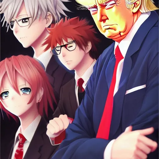 Image similar to anime portrait of Trump as an anime boy by Stanley Artgerm Lau, WLOP, Rossdraws, James Jean, Andrei Riabovitchev, Marc Simonetti, and Sakimichan, trending on artstation