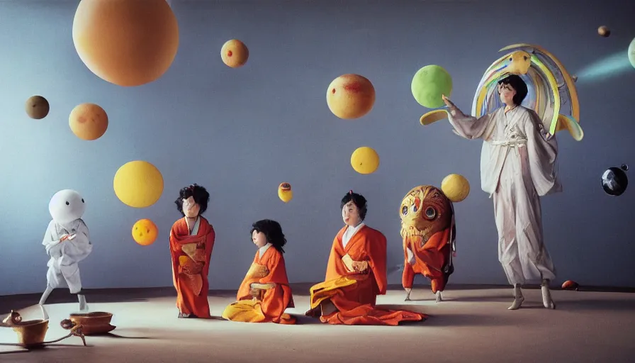 Image similar to movie still by alejandro jodorowsky of a beautiful day in a family living room in kyoto japan, visible magic energy, dream creature costumes, floating planets, fish, parade floats, cinestill 8 0 0 t eastmancolor technicolor, high quality, very detailed, heavy grain, fine facial features, 8 k, octane render