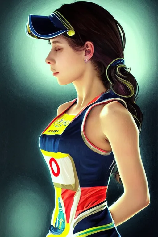 Image similar to portrait beautiful female f1 racer, wearing f1 racer uniform, at racer track, formula one car, ssci-fi, fantasy, intricate, very very beautiful, elegant, human anatomy, neon light, highly detailed, digital painting, artstation, concept art, soft light, smooth, sharp focus, illustration, art by tian zi and WLOP and alphonse mucha