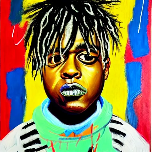 Image similar to detailed neo expressionism oil painting of sad boy juice wrld rapper by basquiat