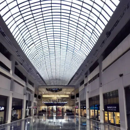 Image similar to A large modern mall with no one in it. Dream like, dark, muted colors.