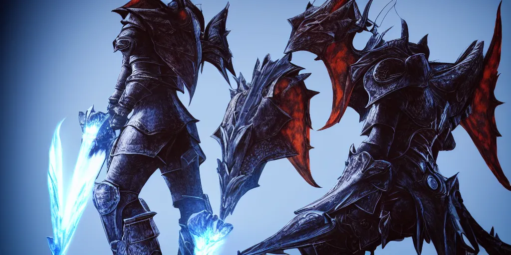 Image similar to closeup of a 3 d model of knight from behind with a lance and shield in the style of final fantasy and a 3 d model dragon in the style of monster hunter breathing fire on him, realistic, fisheye lense, blue and orange lighting, rim lighting, cinematic feel, in a forest, art by unreal engine 4, game art, trending on art station