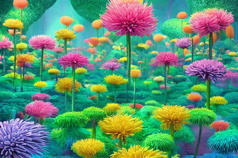 Prompt: beautiful forest of giant chrysanthemum flowers digital illustration by dr. seuss : 1 | vibrant, spectral color, colorful, surreal psychedelic megaflora forest by beeple : 1