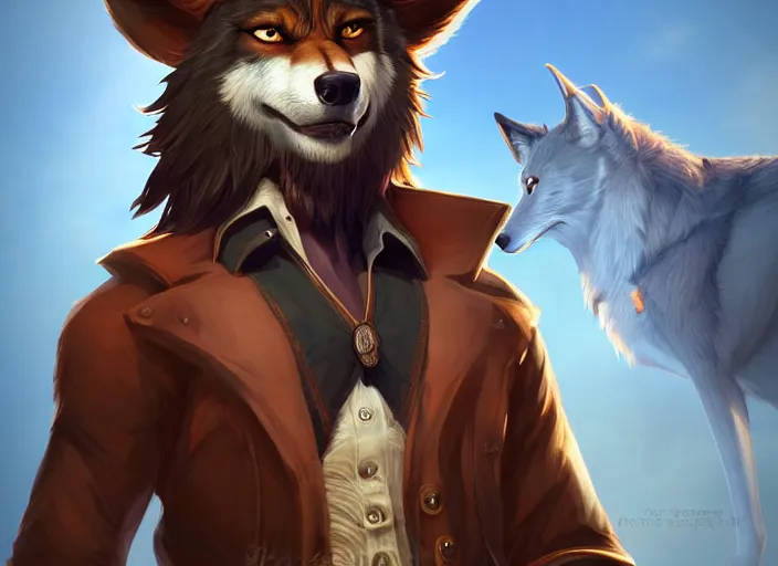 Prompt: character portrait feature of the anthro male anthropomorphic wolf fursona wearing cowboy outfit wild west desperado character design stylized by charlie bowater, ross tran, artgerm, and makoto shinkai, detailed, soft lighting, rendered in octane