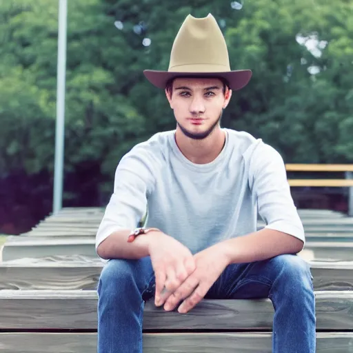 Image similar to photograph of a young man with a backward hat sitting on outdoor wooden bleachers next to a radio