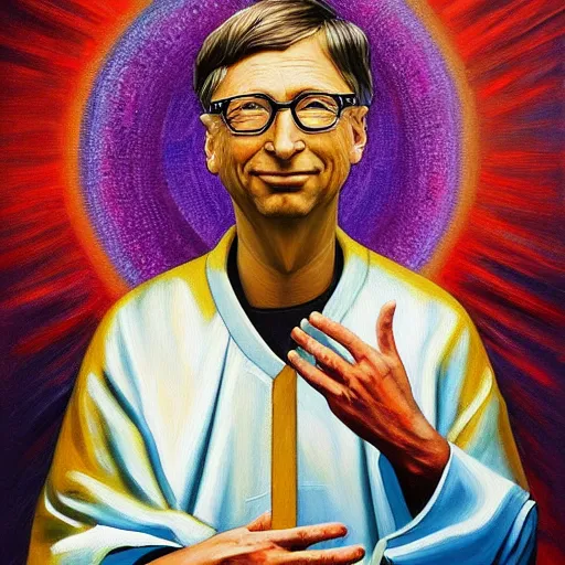 Image similar to this is a painting with the theme bill gates inner peace on the artstation trending page of year 2 2 2 2