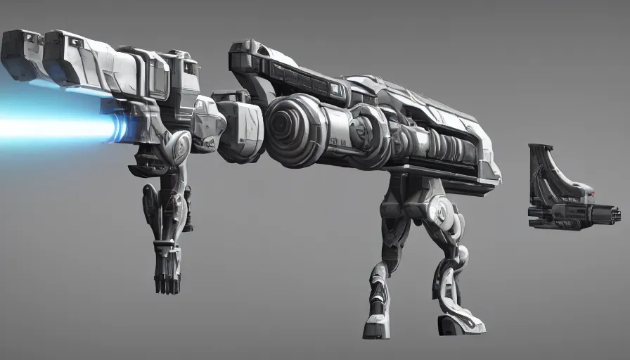 Prompt: extremely detailed realistic side view of a sci fi laser gatling gun, detailed trigger, chemically propelled, massive battery, smooth streamline, battery and wires, railgun, vulkan, gauss, elegant sleek smooth body, white paint, smooth utopian design, ultra high quality, minimalist, octane, cod, destiny, warframe, terminator