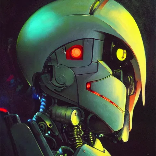 Image similar to a dark and colorful close - up side profile portrait of a sci - fi mecha robot with led lights glowing fog in the background. highly detailed science fiction painting by norman rockwell, frank frazetta, and syd mead. rich colors, high contrast, gloomy atmosphere, dark background. trending on artstation