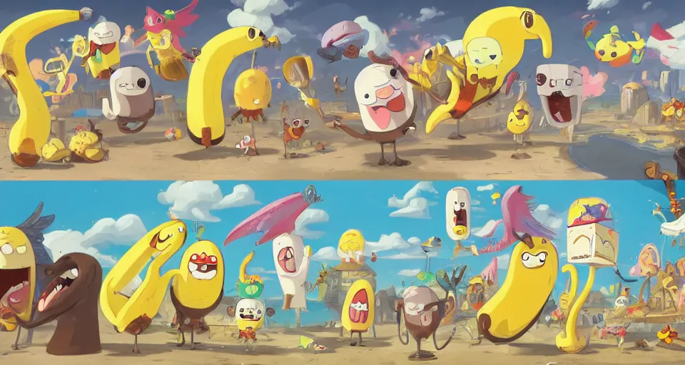 Prompt: cartoon bananas with wings and beaks, swimming in ice - cream, in the style of adventure time, the amazing world of gumball, pixar, toki doki, greg rutkowski and makoto shinkai, trending on artstation