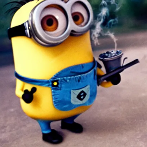 Image similar to photograph of minion from despicable me smoking a bong at woodstock, close - up shot, circa 1 9 6 9