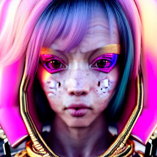 Image similar to hyperdetailed close portrait of a stunningly beautiful pink cyberpunk cute european girl made of metals and shiny iridescent gems, dark rainbow nimbus, gold necklace, puffer jacket, inspired by ross tran and masamune shirow and kuvshinov, intricate, photorealistic, octane render, rtx, hdr, unreal engine, dnd digital art by artgerm