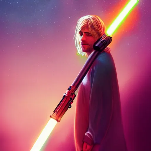 Prompt: !dream a dreamy film still of Kurt Cobain Holding a Lightsaber, Moebius, Greg Rutkowski, Zabrocki, Karlkka, Jayison Devadas, Phuoc Quan, trending on Artstation, 8K, ultra wide angle, zenith view, cyberpunk pincushion lens effect