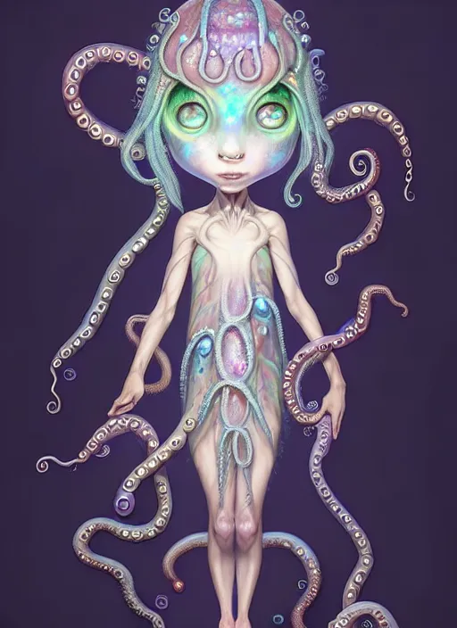 Prompt: A full shot of a cute magical monster Cryptid wearing a dress made of opals and tentacles. Chibi Proportions. Subsurface Scattering. Translucent Skin. Caustics. Prismatic light. defined facial features, symmetrical facial features. Opalescent surface. Soft Lighting. beautiful lighting. By Giger and Ruan Jia and Artgerm and WLOP and William-Adolphe Bouguereau and Loish and Lisa Frank. Sailor Moon. trending on artstation, featured on pixiv, award winning, sharp, details, intricate details, realistic, Hyper-detailed, HD, HDR, 4K, 8K.