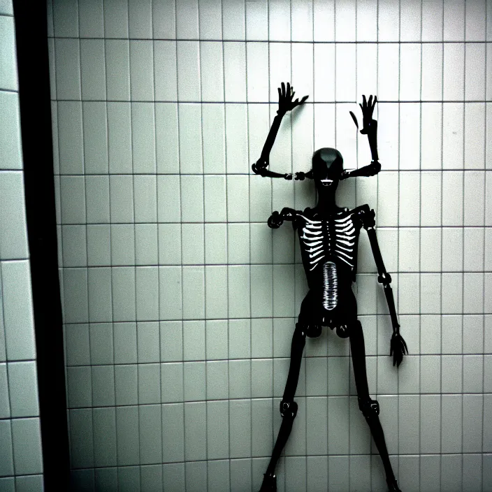 Prompt: skinny agile cyborg trying to claw its way out of a bathroom stall, nightmare, horror, 3 5 mm, film shot