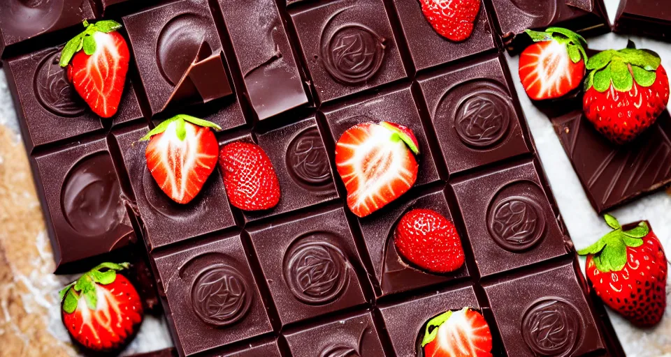 Image similar to A gourmet dark chocolate bar with a piece broken off, on an opened silver wrapper, next to sliced strawberries, on a wooden tray, macro lens product photo