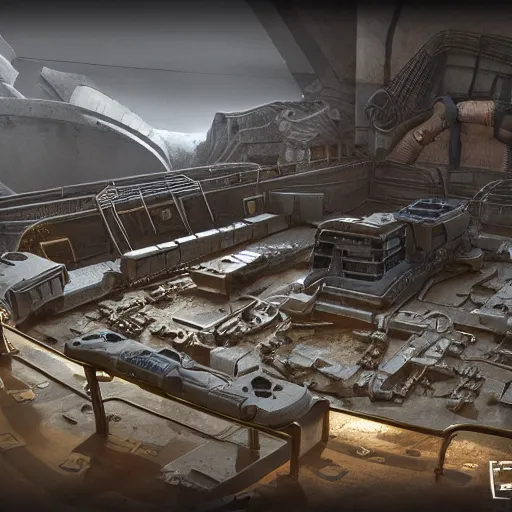 Prompt: 3 d sculpted model of scifi industrial pit with gold elements and barsby moebius, mass effect, starship troopers, elysium, prometheus, the expanse, high tech industrial, artstation unreal, unity, maya, houdini, dramatic cinematic lighting