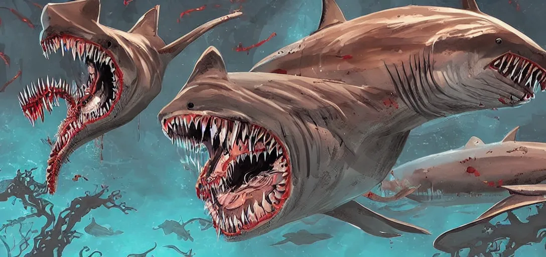 Image similar to concept art of shark attack, lovecraftian, lots of teeth, melting horror, fighting the horrors of the unknown with laser guns