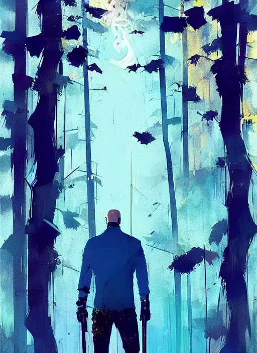 Prompt: horror art, jason statham vampire hunter, blue and gold trees in the background, art by ismail inceoglu