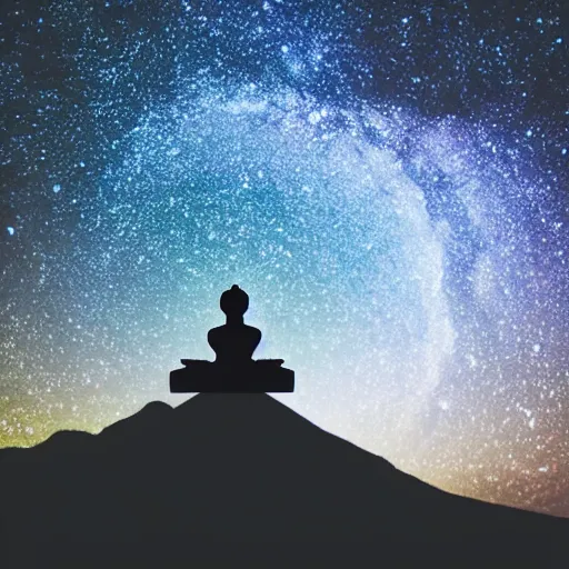 Prompt: Film still of silhouette of indian statue, sukhasana, starry sky, flying saucer, with radiating hill, full shot