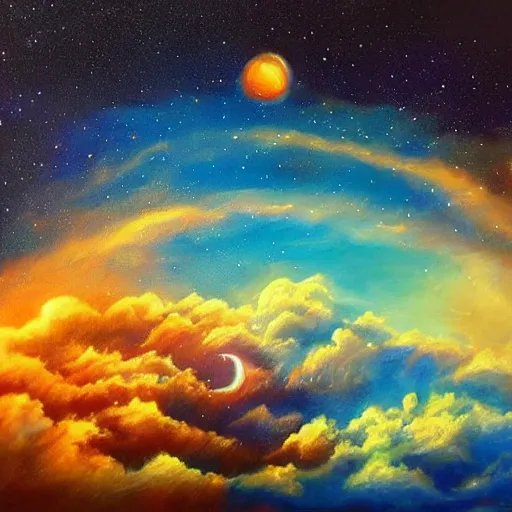 Prompt: gorgeous picture, painting, classi cal, sky, celestial, space, realistic, 4 k