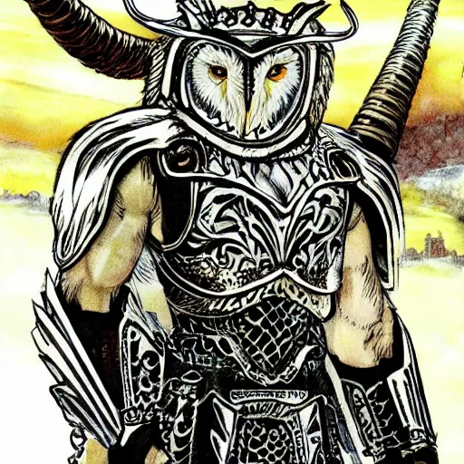 Image similar to barn owl warrior wearing an armor,small horns like a crown in the head, by Takeshi Obata