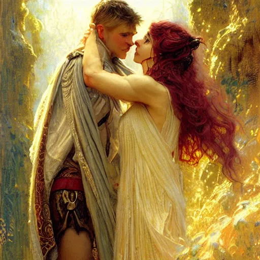 Image similar to stunning arthur pendragon in love with stunning merlin the mage. they are close to each other, touching, looking. highly detailed painting by gaston bussiere, craig mullins, j. c. leyendecker