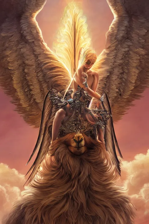 Image similar to A beautiful fierce llama angel with wings, wearing metal battle armor and a flaming sword, among heavenly sunlit clouds, close-up, intricate, elegant, digital painting, golden hour photo, cinematic, trending on artstation, concept art, smooth, sharp focus, illustration, art by artgerm and Greg Rutkowski and Alphonse Mucha