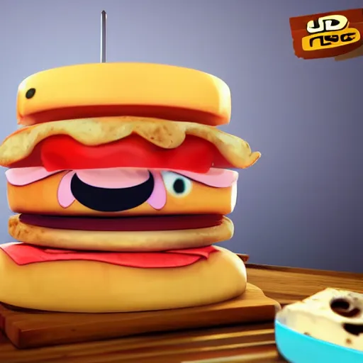 Image similar to a cute cartoon sandwich spewing cheese, 3D render, Unreal Engine, 4K