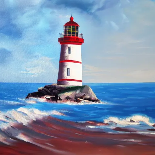 Prompt: an oil painting of a lighthouse overlooking a blood ocean