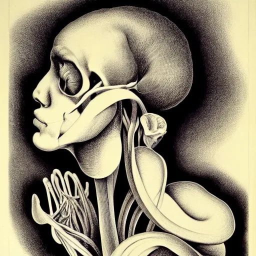 Image similar to surreal orchid head anatomical atlas dissection center cut, lithography on paper conceptual figurative ( post - morden ) monumental dynamic soft shadow portrait drawn by hogarth and escher, inspired by goya, illusion surreal art, highly conceptual figurative art, intricate detailed illustration, controversial poster art, polish poster art, geometrical drawings, no blur