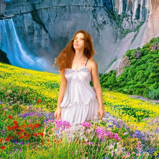 Image similar to a photograph of the most beautiful woman that has ever existed, surrounded by unique natural sightseeing accompanied by the most delicate flowers.