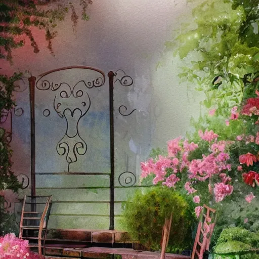 Image similar to delicate smoke, chairs, garden, paved, botanic watercolors, iridescent, 8 k, realistic shaded, fine details, artstation, italian, iron gate, tree, mediterranean, marvelous