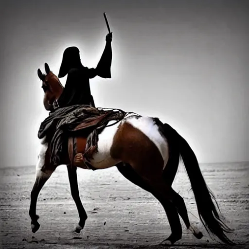 Image similar to burqa's woman, ride horse, taliban, riffle on chest, dust, cinematic, beautiful, dynamic pose, random content position, pinterest