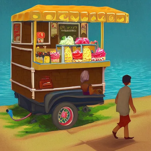 Prompt: crocodile man driving an ice cream cart, fantasy, digital art