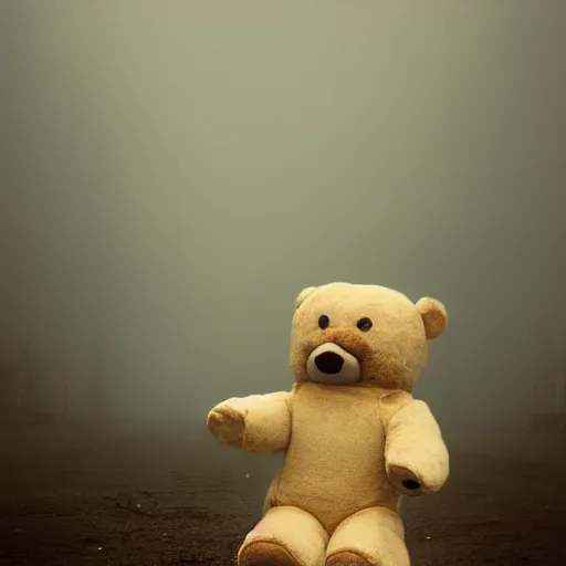 Image similar to lomo photo of teddy bear in spacesuit staying in front of abandoned hospital, dark, moody, foggy, gloomy.