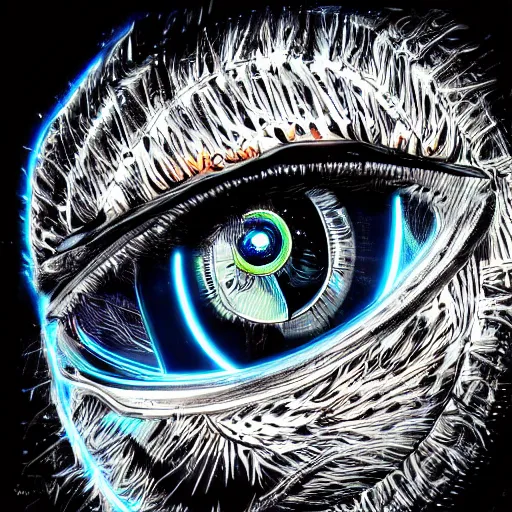 Prompt: eye of a cybernetic tiger, futuristic, cyberpunk, digital illustration, photo - realistic, macro, extremely detailed, vivid, neon, dramatic lighting, intricate details