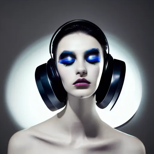 Prompt: high fashion photography of a model in neo futurism white sci - fi makup, be headset, transparent cloth, beautifully lit