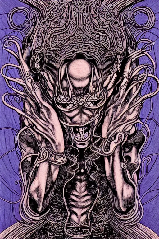 Image similar to illustration of old wrinkly demon that causes earthquakes, rock themed, intricate linework, in the style of moebius, ayami kojima, 1 9 9 0's anime, retro fantasy