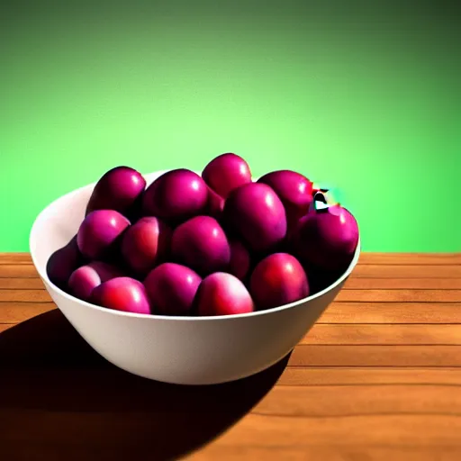 Image similar to concept art of a single bowl filled with a few moist freshly picked plums on a wooden table. digital painting. volumetric lighting. small scale. artistic. trending on artstation.