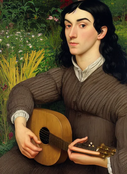 Prompt: close-up portrait of young english lute player, with straight black hair, with high cheekbones, with narrow nose, in a garden,, painting in the museum, highly detailed, sharp focus, digital painting, artwork by Kinkade, by Victor Adame Minguez by Yuumei by Tom Lovell by Sandro Botticelli
