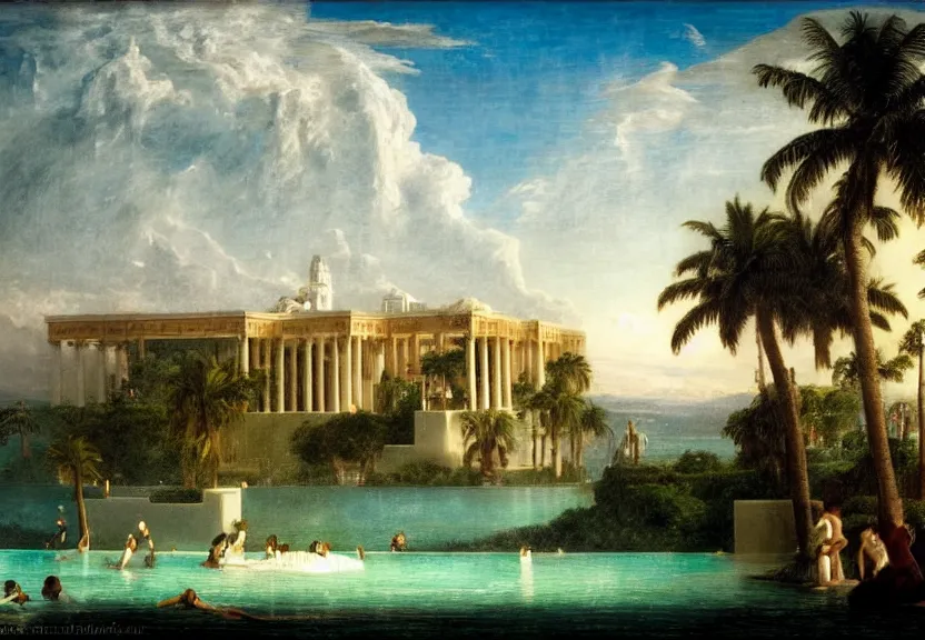 Image similar to Palace floating in the sky, 1km tall, thunderstorm, greek pool, beach and palm trees on the background major arcana sky, by paul delaroche, hyperrealistic 4k uhd, award-winning very detailed