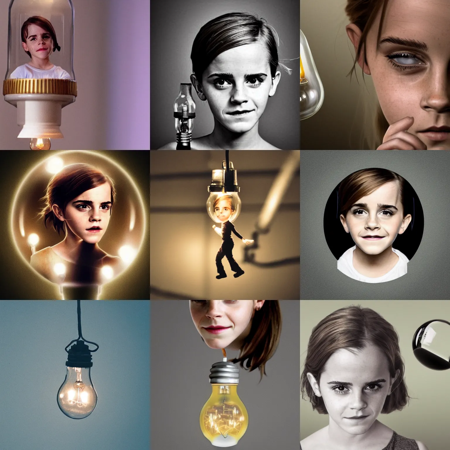 Prompt: a tiny emma watson trapped inside a light bulb