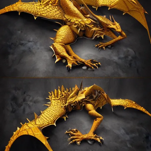 Prompt: an injured damaged dragon with patchy golden scales and exposed bones and has a broken wing and leg, fantasy, intricately detailed, 8 k render, ultra high resolution, octane render, trending on artstation